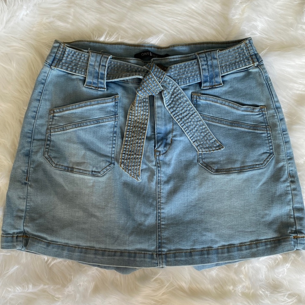 one 5 one Light Blue Denim Skort with Tie Belt